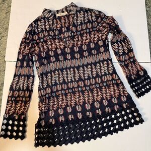 Tory Burch Navy Orange Leaf Print Tunic Size 4 crochet trim beautiful